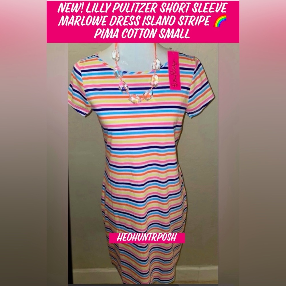 New! Lilly Pulitzer Short Sleeve Marlowe Dress Island Stripe 🌈Pima Cotton Small